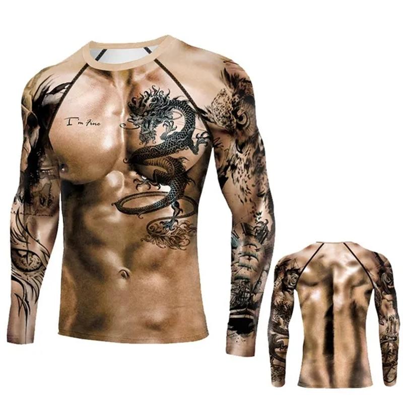 ETST 011 Muscle Tattoo Heren Compressie T-shirts Lange Mouw Wolf Draak Sportkleding Rashguard Fitness Gym Tops Tees Streetwear T-shirt M