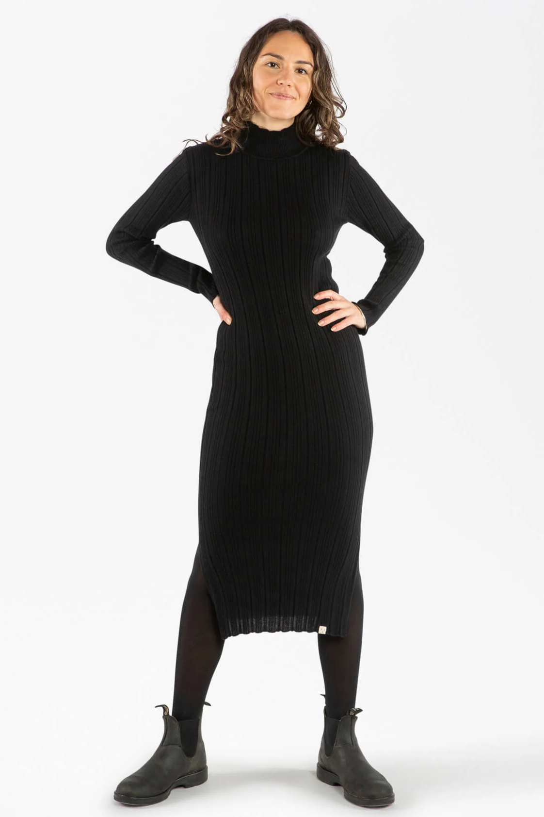 MATONA Damen vegan Kleid Gerippt Onyx Schwarz