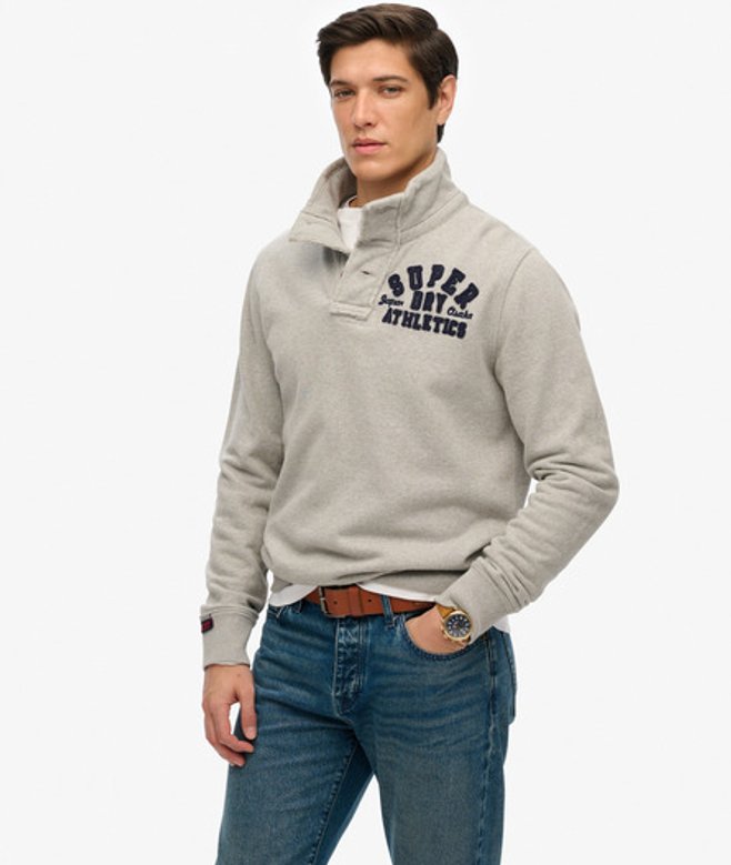 Superdry Vintage Athletic Sweatshirt met Halve Knoopsluiting Lichtgrijs