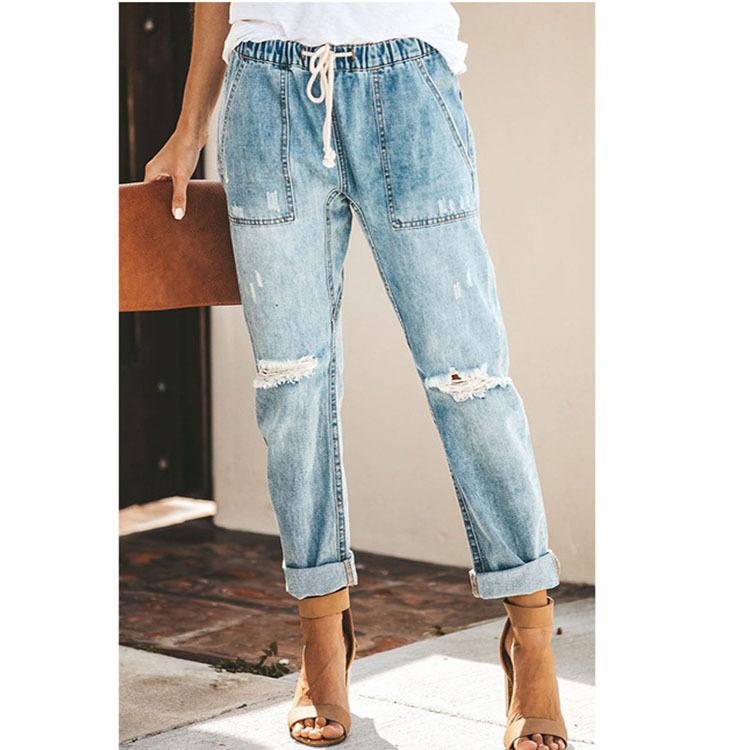 Zhuoneng Clothing Nieuwe zomer sexy temperament denim rechte broek elastische grote maat damesjeans jeans gat jeans L