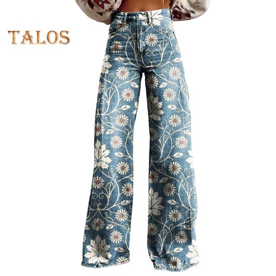 Sugary Clothespress Dames Jeans Knoop Rits Gulp Rechte Pijpen Denim Broek met Zakken Digitale Bloemenprint Lange Broek Streetwear 2XL lichtblauwe kleur