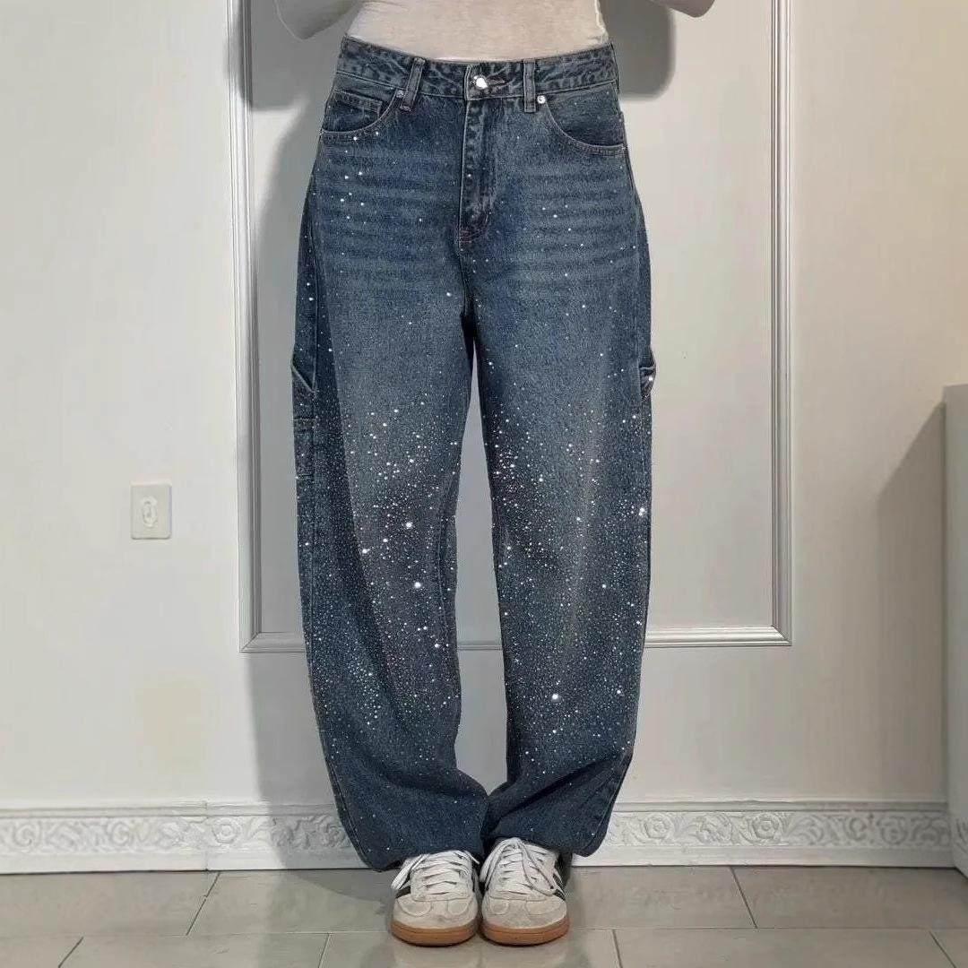 MYSTIQ Dames High Waist Joggingbroek Jeans voor Dames Dames Glanzende Harem Jeans Maat Baggy Denim Broek Casual Broek voor Streetwear XL