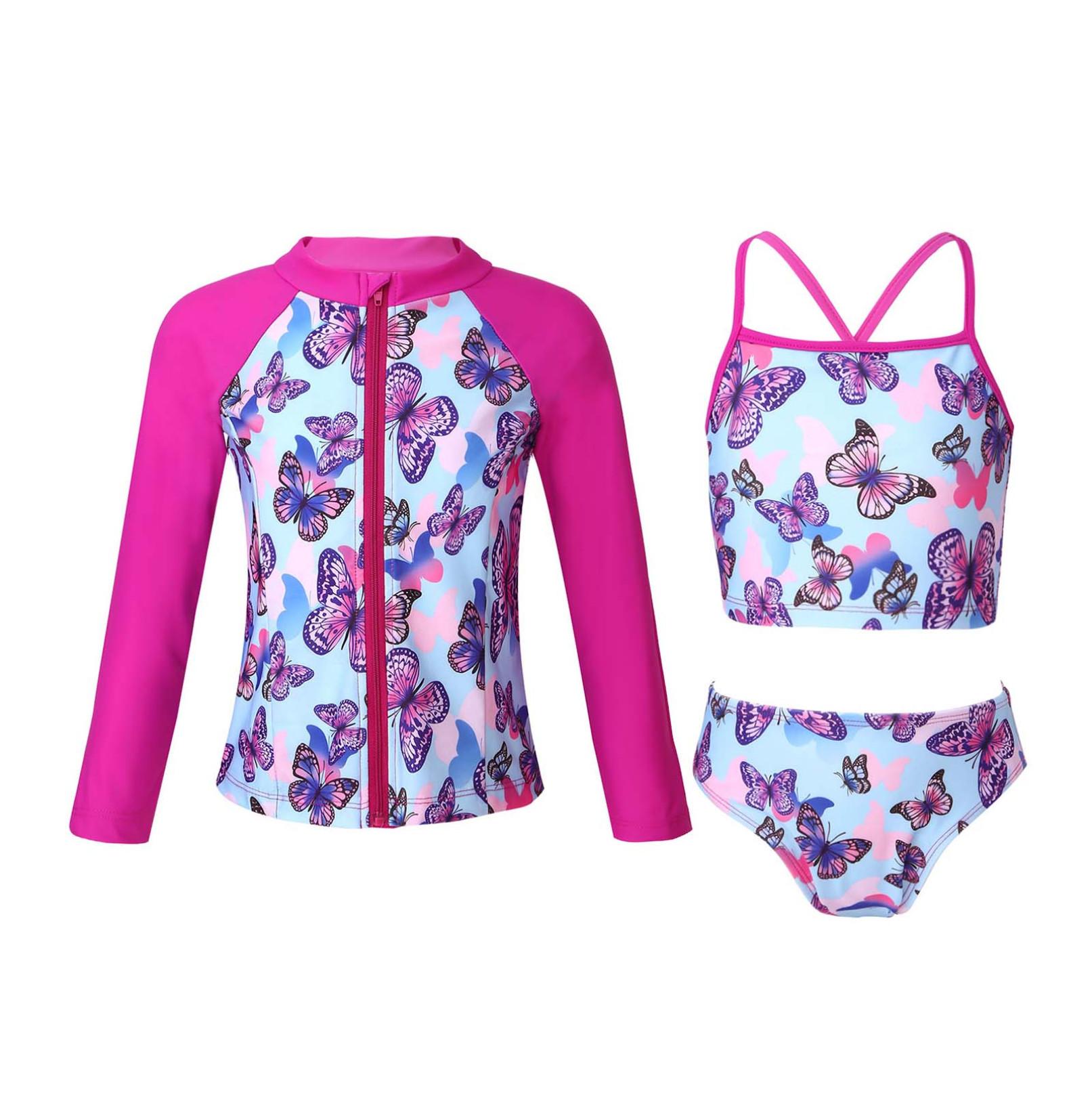 YOOJIA 3 stuks Kids Meisjes Badpak Zonbescherming Rash Guard Shirt Badpak Lange Mouwen Jas met Vest Top en Slips 15-16 Years rozerode kleur