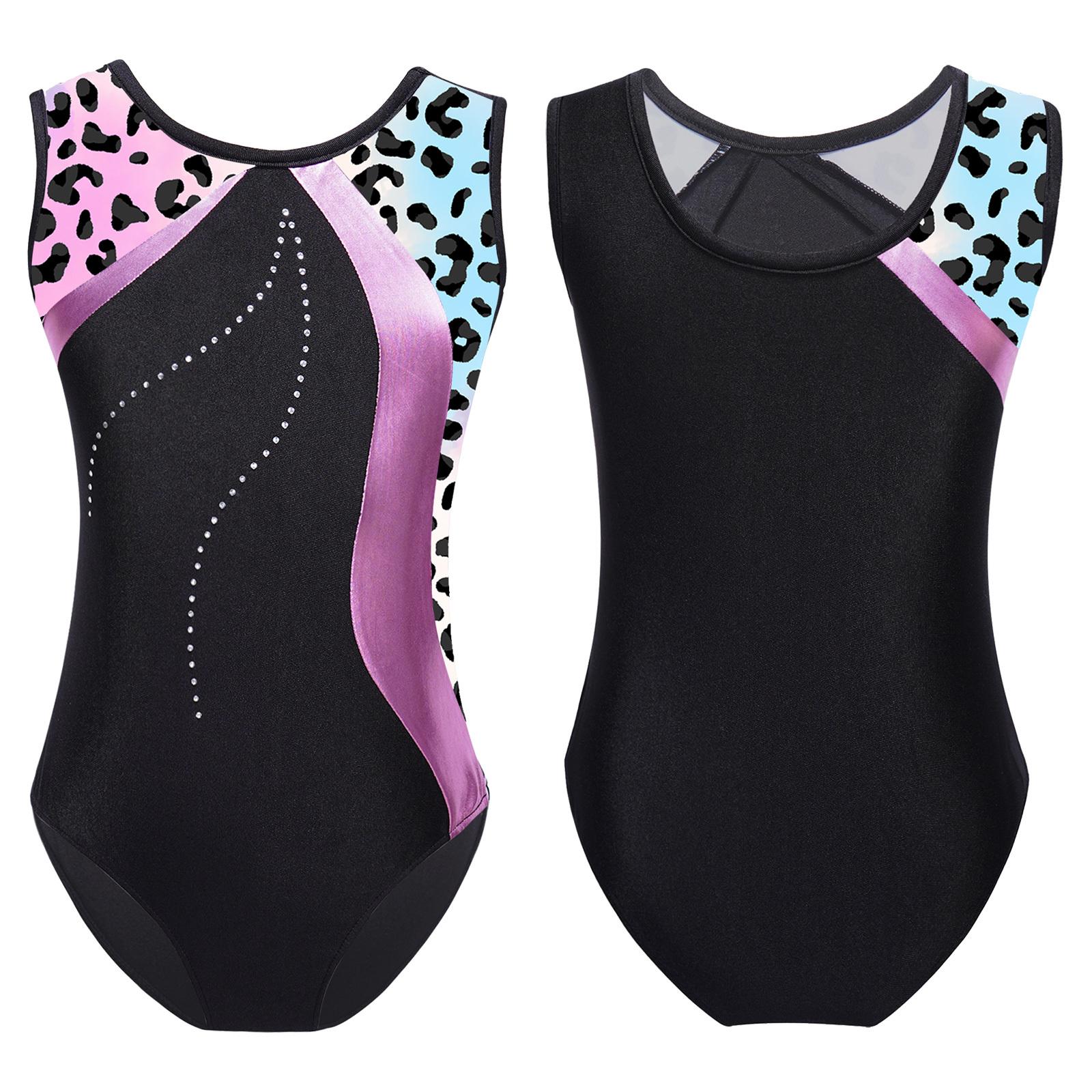Tiaobug Kids Girls Stylish Print Leotard Sleeveless Bodysuit for Gymnastics Training Stage Performance 11-12 Years