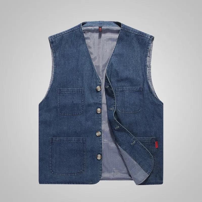 WTEMPO Lente en herfst vest heren dun katoenen denim vest groot formaat mouwloos vest vaderdagcadeau XL denimblauwe kleur