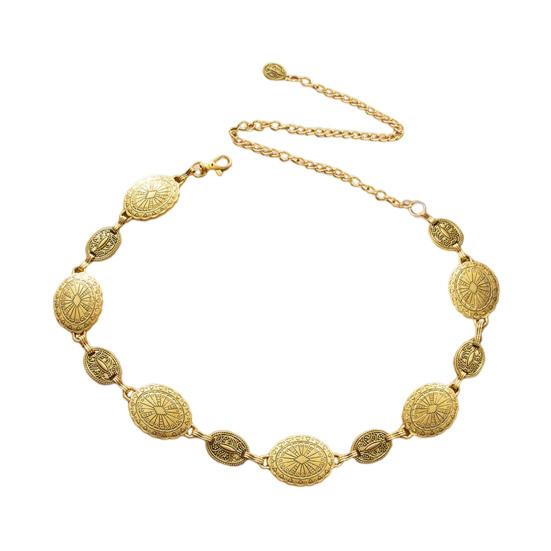Baigeshi Retro Etnische Stijl Vrouwen Metalen Taille Ketting Verstelbare Verlengde Ketting Decoratieve Cirkel Gesneden Riem Kostuum Accessoire goud