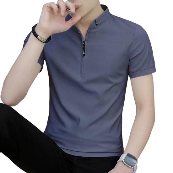 Songmeijuan Zomer Heren Top V Hals Ritssluiting Opstaande Kraag Korte Mouwen Slim Fit Effen Kleur Zacht Ademend Middellange Casual Formeel Zakelijk Overhemd M