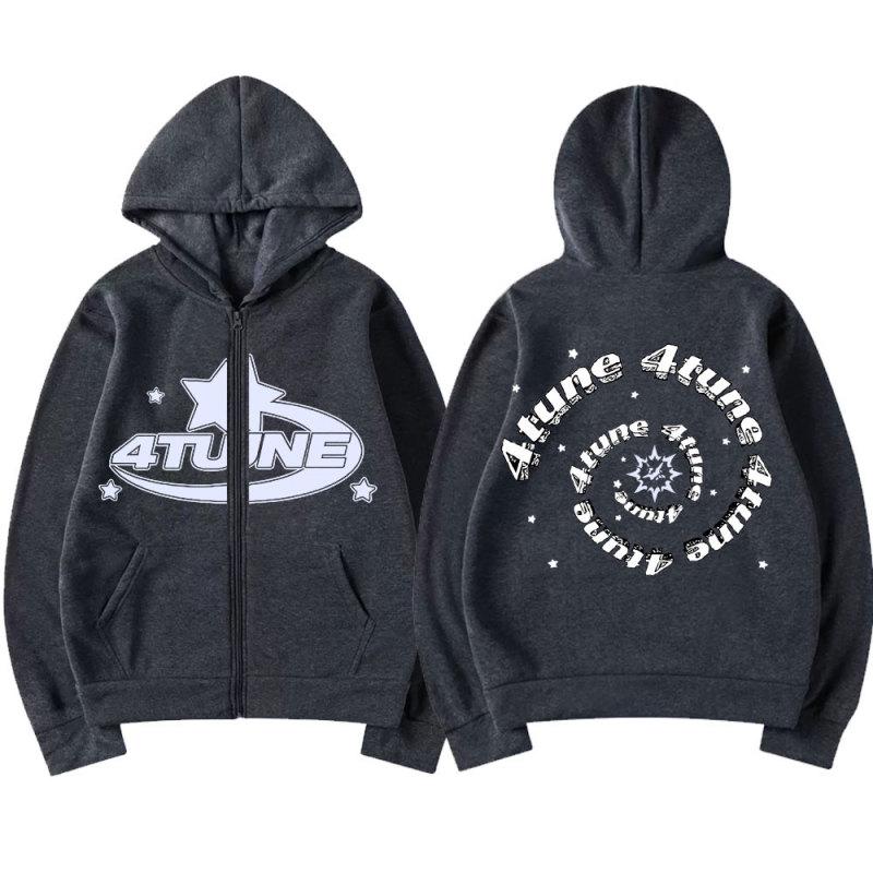TENJINGE Trendy 4Tune Grafische Rits Hoodie Unisex Mode Casual Sweatshirt Y2k Jas Heren Dames Amerikaanse Straat Hip Hop Oversized Zip Up Jas M
