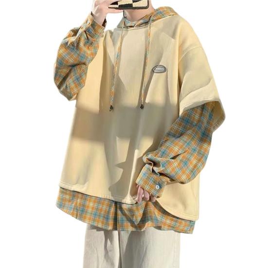 Selling Clothing Heren Lente Shirt Ademend Nep Tweedelige Lange Mouw Losse Trui Warm Trekkoord Capuchon Mid Lengte Heren Herfst Shirt Herenkleding 2XL abrikoos