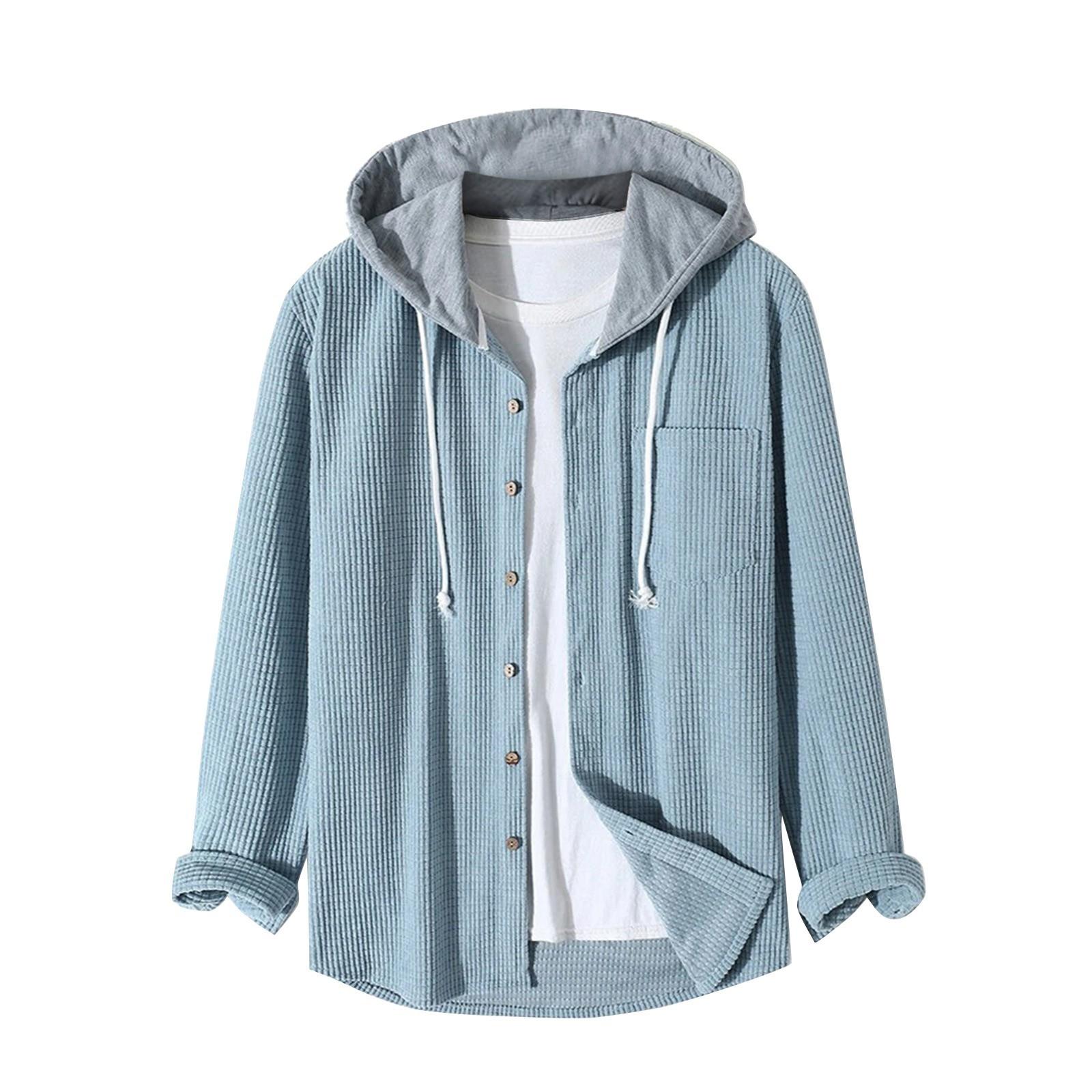 Guan Erye Heren Klein Geruit Overhemd Capuchon Knopen Sweatshirt Heren Casual Mode Sweatshirt XL hemelsblauwe kleur