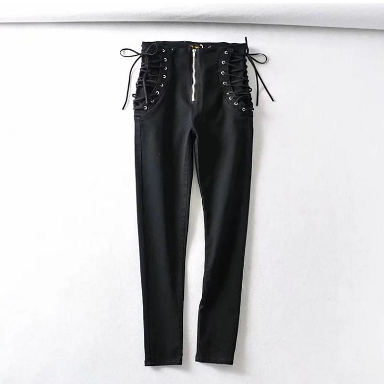 BLUE FASHION Damesmode hoge taille slanke jeans skinny vetersluiting elasticiteit broek XL
