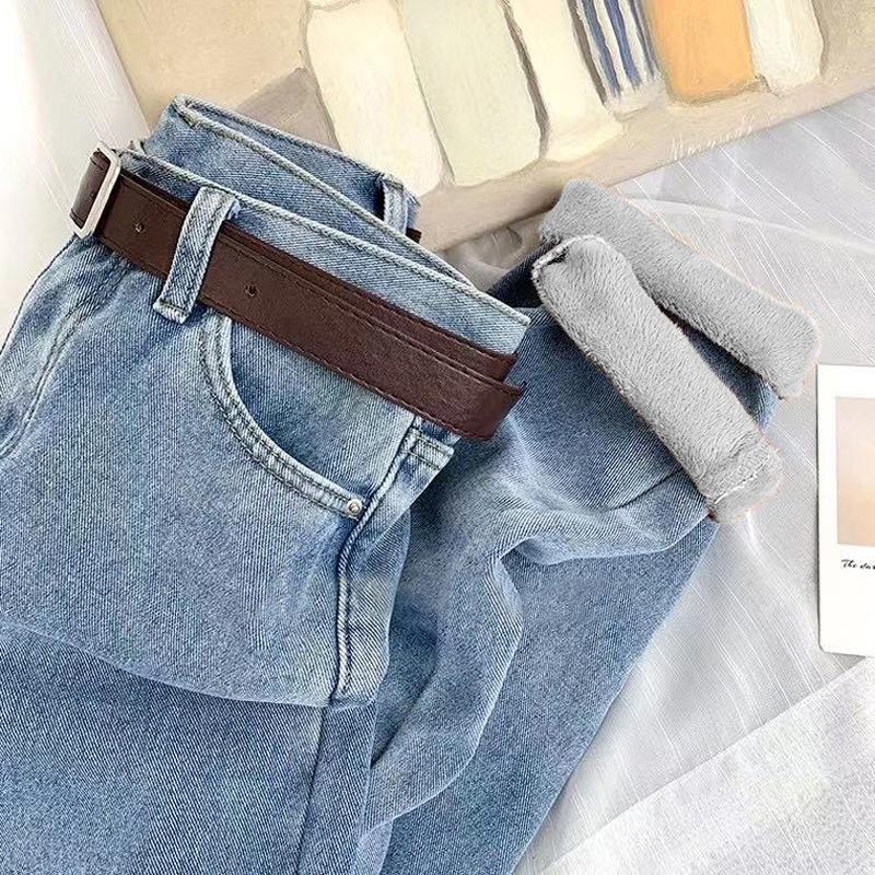 Happy Market Winter verdikte warme Harun-broek Rechte pijpen Slanke damesmode Jeans Casual broek 2XL
