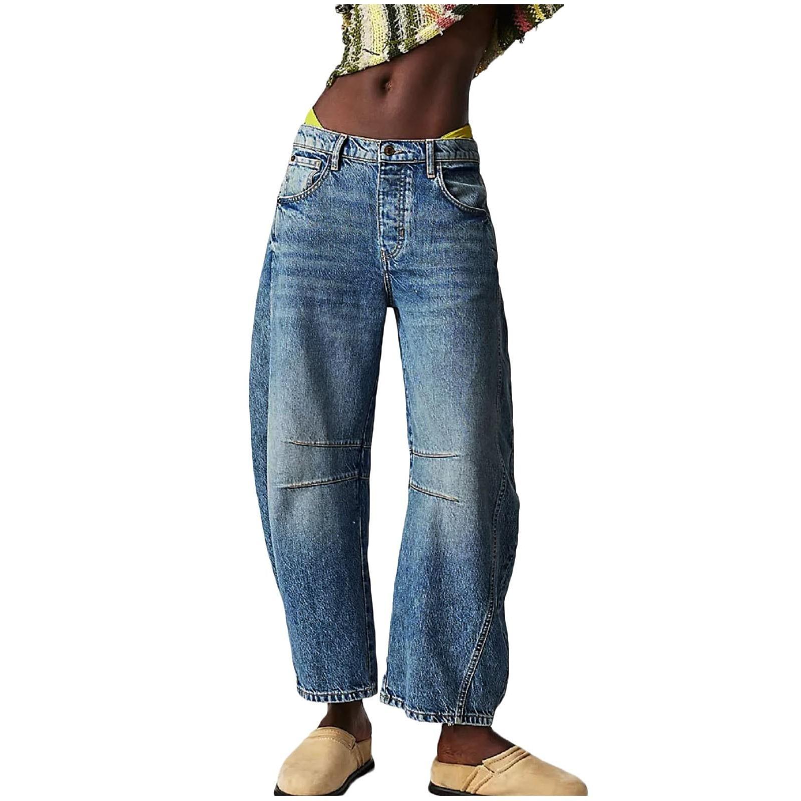 Wang jun Vrouwen Baggy Mid Waist Jeans Wijde Pijpen Losse Boyfriend Denim Broek Rechte Pijpen Cropped Barrel Jeans M