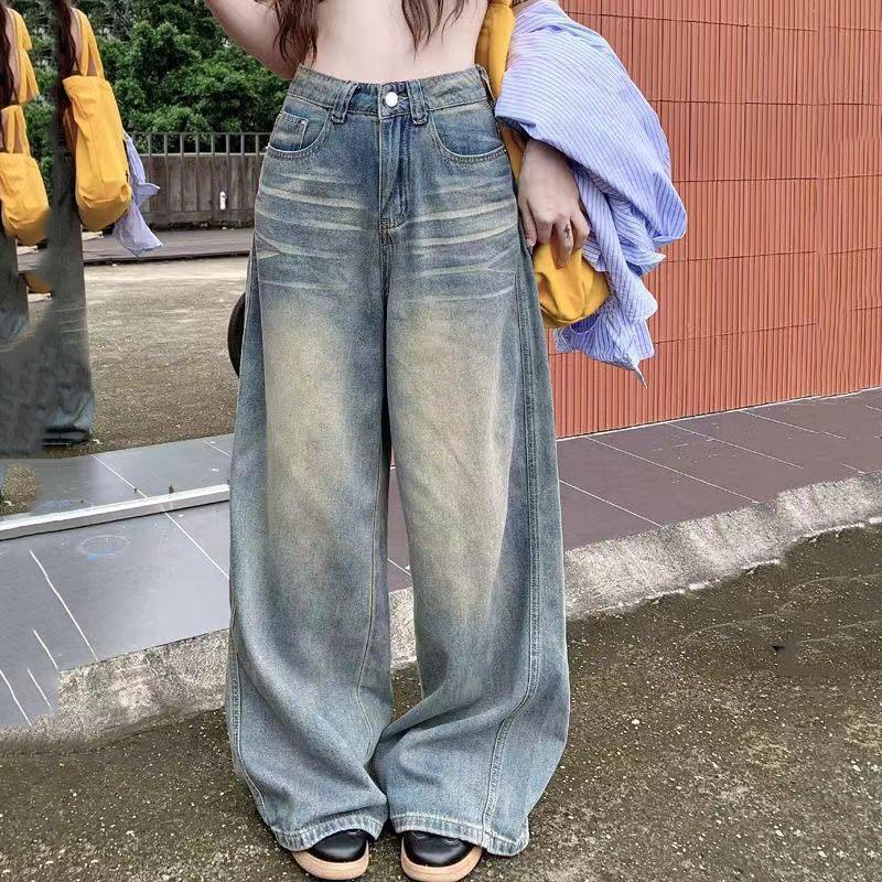 COCOi Spring Autumn Vintage Chicly Button Jeans Women Baggy High Waisted Denim Pants Washed Y2K Wide Leg Jean Trousers XXS blauw