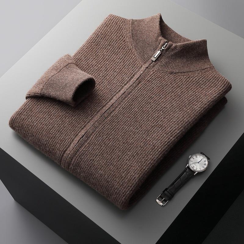 MILU Herfst Winter Heren Rits Cardigan Mock Neck Dikke Kasjmier Trui Merino Wollen Breiwerk Smart Casual Trui Jas XXL