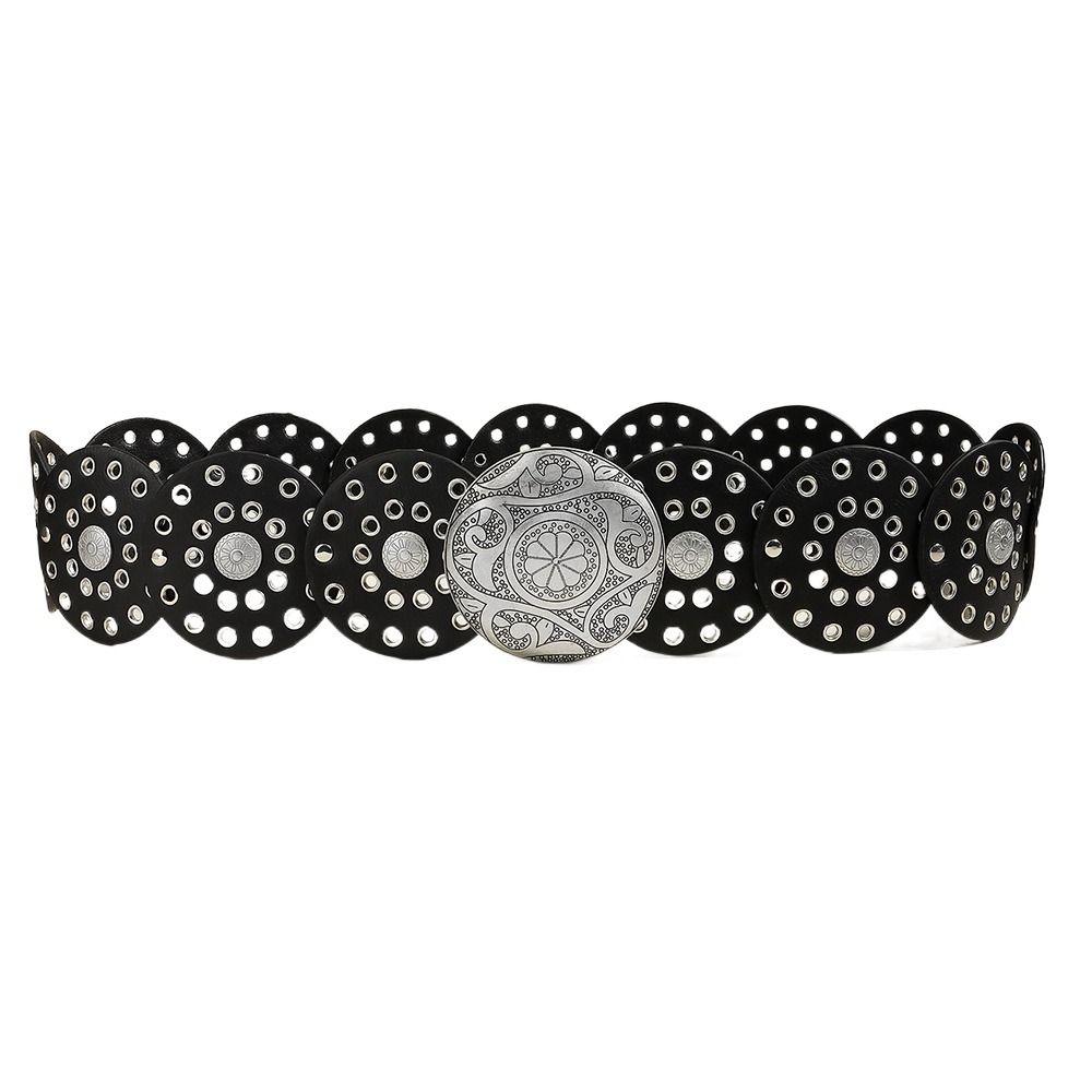 Zhenguejiao71 Holle riem met metalen gesp Y2K brede riemen Vintage schijfriemen voor dames Black-Silver Buckle
