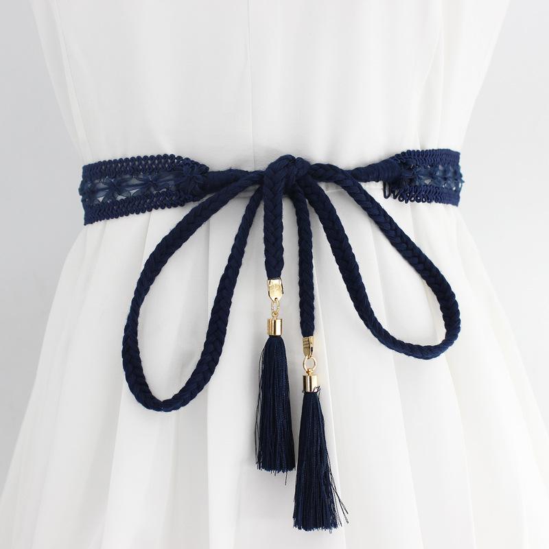 KaiTingu Vrouwen effen kleur gevlochten kwast riem Boho taille touw gebreide riem voor jurk taillebanden accessoires donkerblauwe kleur