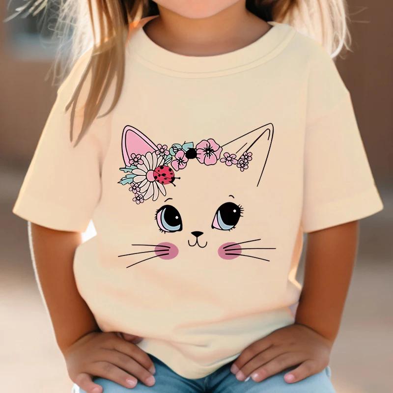 Todaysun Zomer kinder T-shirt Bloemen Kat Grafisch Shirt Meisjes Bloemen Kitty Tops Wit Korte Mouw Wild Tee Schattig Dier Cartoon Kat T-shirt 5T(120cm)