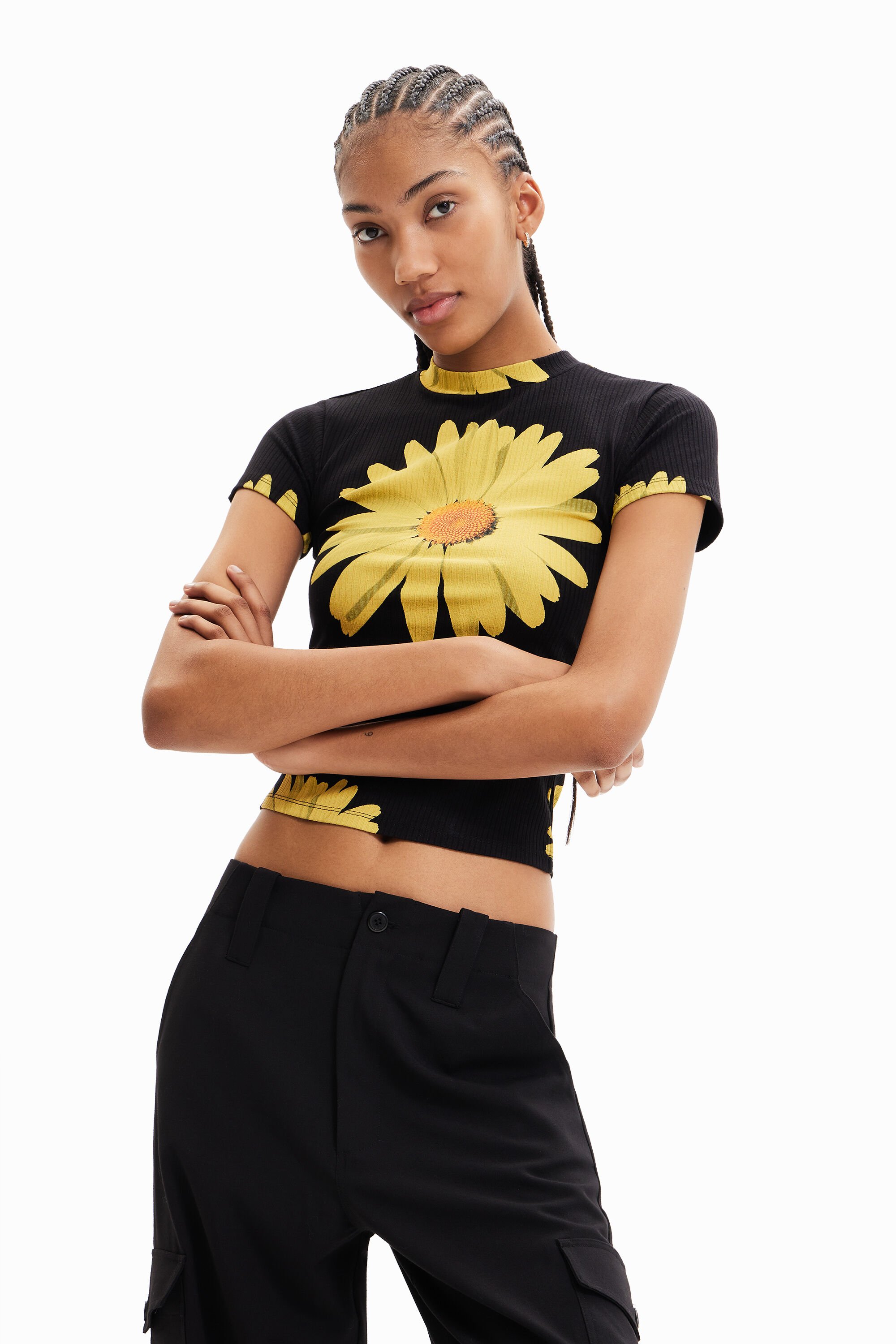 Desigual Geribbeld T-shirt met madeliefjes - BLACK