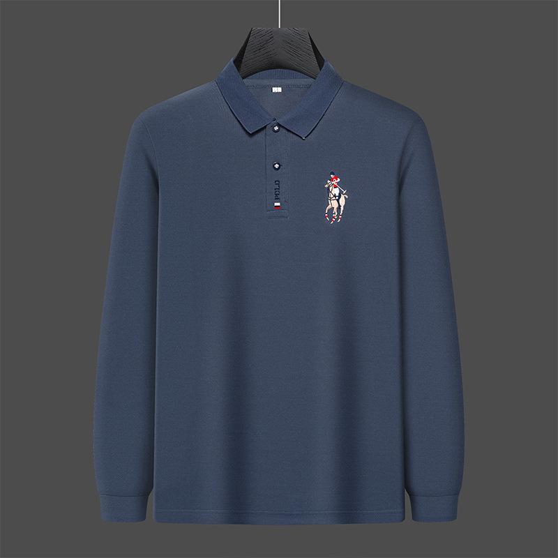 CHIC STUDIO Geborduurd heren poloshirt effen kleur herfst nieuwe revers middelbare leeftijd mensen lange mouw t-shirt 4XL