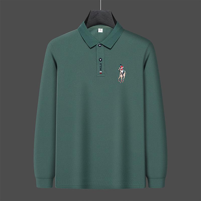 CHIC STUDIO Geborduurd heren poloshirt effen kleur herfst nieuwe revers middelbare leeftijd mensen lange mouw t-shirt 4XL