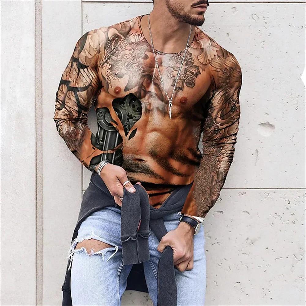 HerSight bodybuilder Spier Simulatie 3D Geprint Heren Sport Tough Guy Sterke Mode Ronde Hals Hip Hop Casual Lange Mouw T-shirt Top 4XL