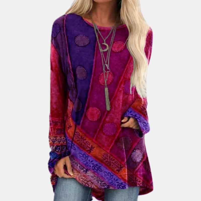ETST0013 Nieuwe etnische stijl Boho T-shirts Geometrische 3D-print Vrouwen Lange mouw T-shirt Oversized Streetwear Tuniek Tees Tops Vrouwelijke kleding 2XL