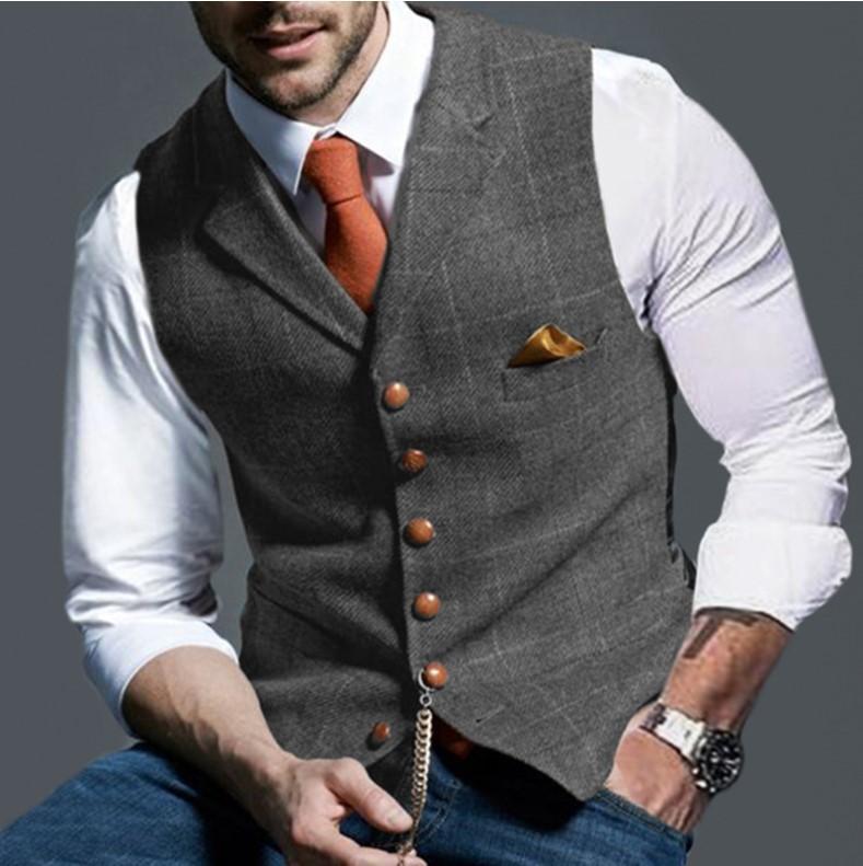 Home2 Herenvest visgraat Tweed gilet Vintage formele inkeping revers Retro 3XL lichtgrijze kleur