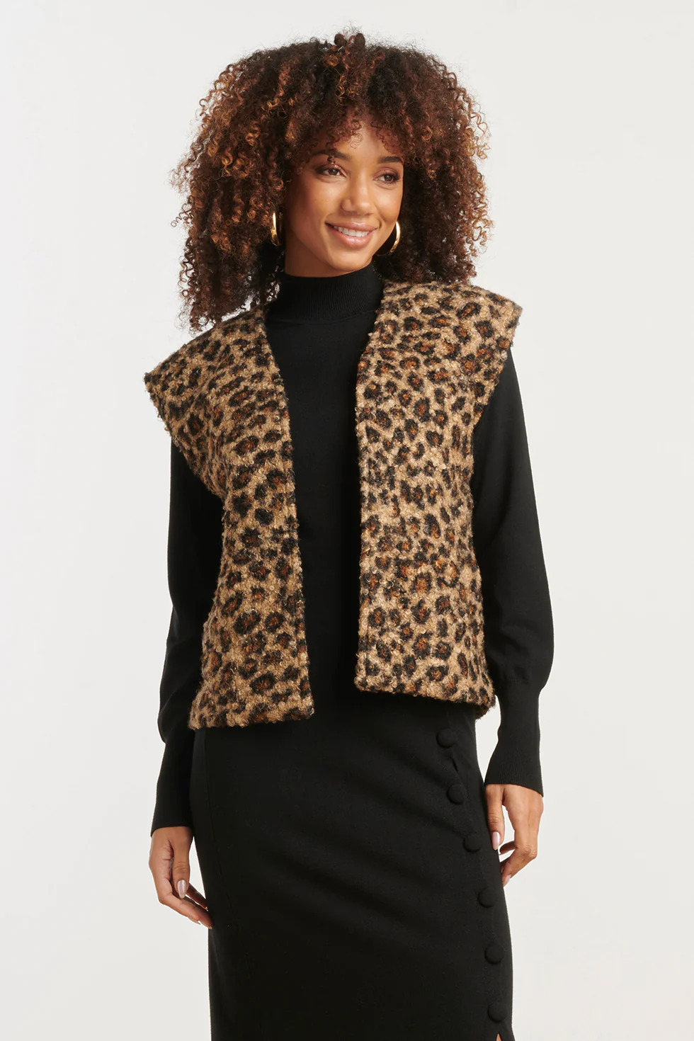 Smashed Lemon Bouclé gilet met dierenprint in camel en zwart |