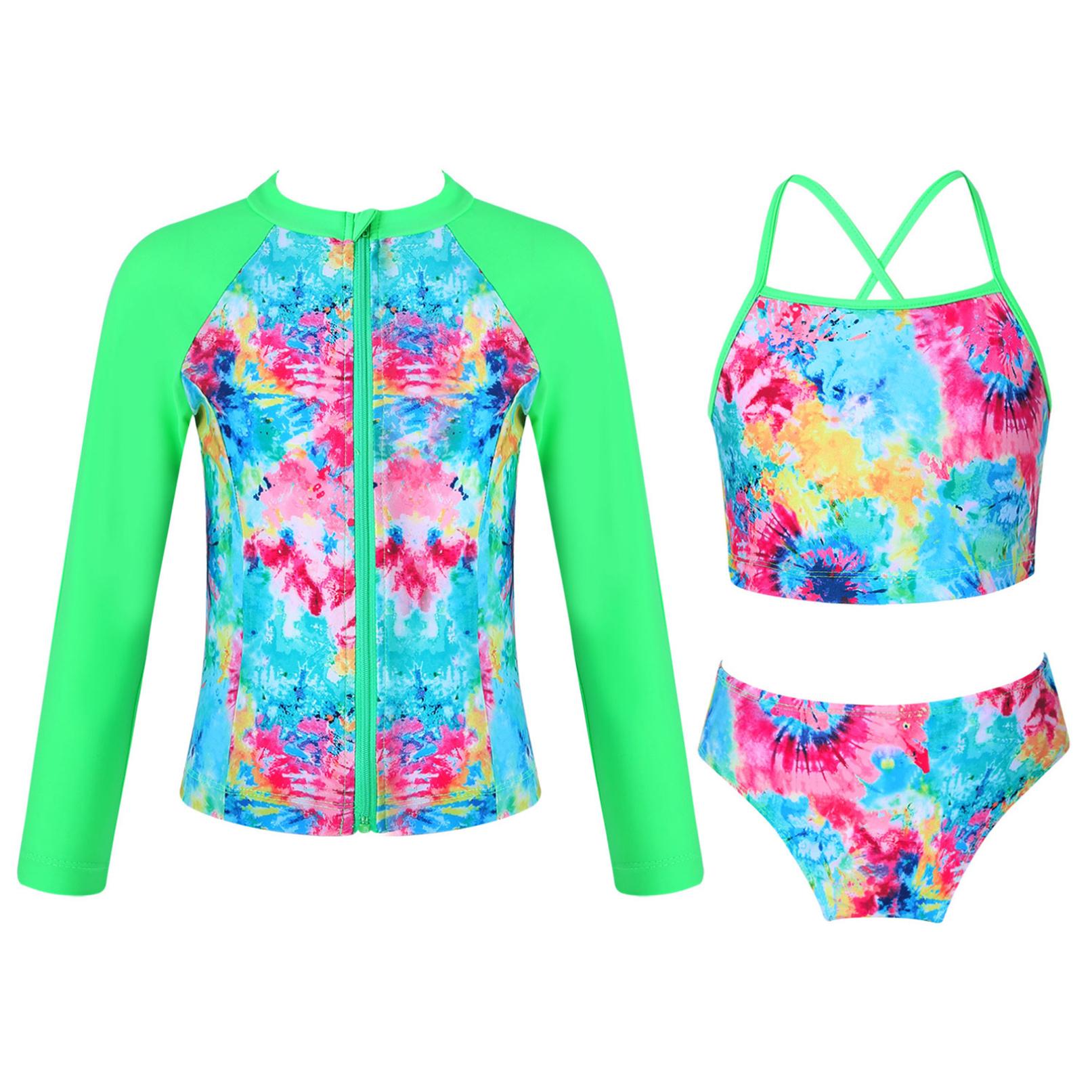 YOOJIA 3 stuks Kids Meisjes Badpak Zonbescherming Rash Guard Shirt Badpak Lange Mouwen Jas met Vest Top en Slips 11-12 Years roze/groen