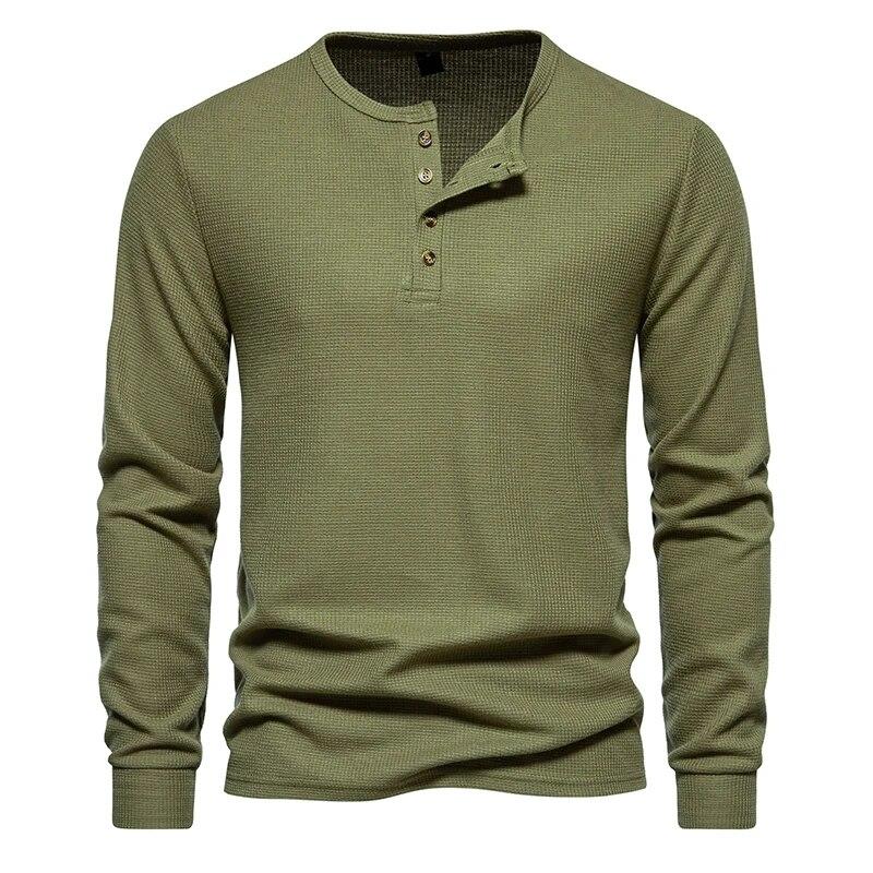 Leefona Waffle Henley T-shirt Heren Lange Mouw Basic Ademend Heren Tops T-shirts Nieuwe Herfst Casual Effen Kleur Knoop T-shirts L legergroene kleur