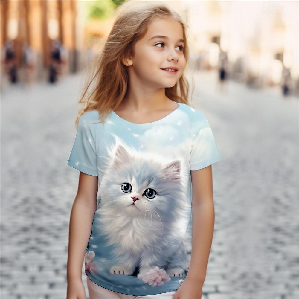 Xuhaijian02 Schattige dierenkat 3D-geprint leuk meisjes T-shirt Kinderkleding Top T-shirt Babymeisje T-shirt Zomer Casual Korte Mouw 120