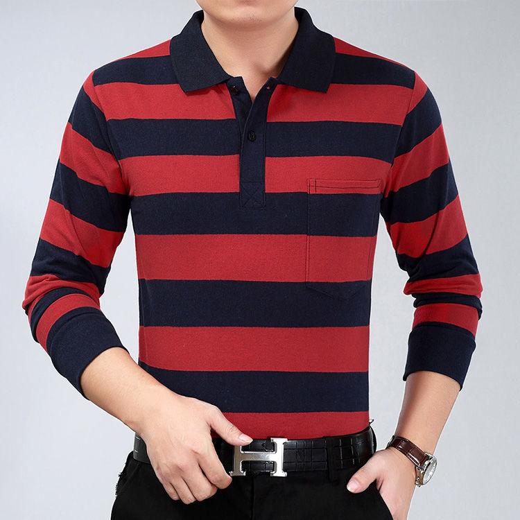 WTEMPO Herfst POLOshirt met lange mouwen Reverszak T-shirt Zakelijk Grote maten Gestreept dieptepunt Geschikt voor zakenmensen, mannen van middelbare leeftijd en oudere mannen M