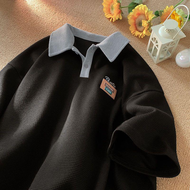 RUOK Hip Hop American Street Heren Dames Trendy Persoonlijkheid Polo Shirt Korte Mouw Zomer Wafel Casual M zwart