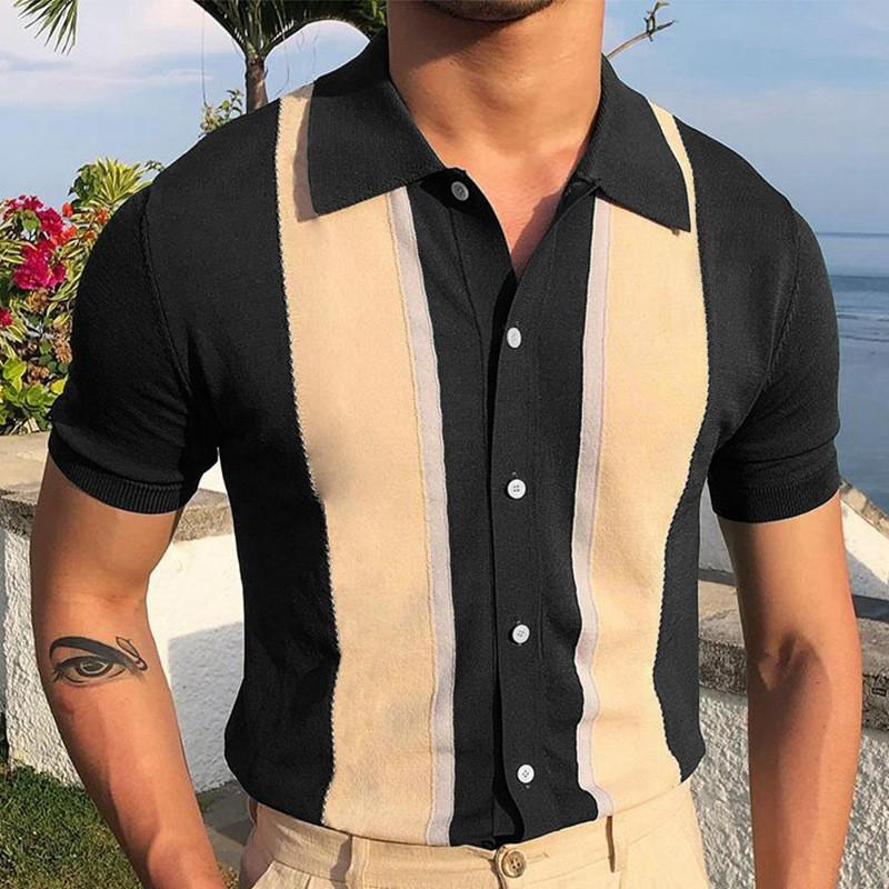 ETST 07 Men's Summer Knit Patchwork Short Sleeve Polo Shirts Streetwear Buttoned Breathable Striped Fashion Luxury Business Retro Shirts M