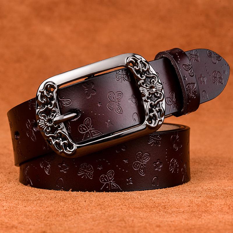 WTEMPO Riem Nieuwe Retro Koeienhuid Lederen Riem Damesmode Embossing Pin Gesp Casual Jeans Breed 110cm koffie