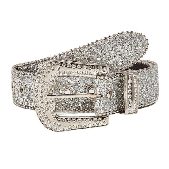Joybox Vrouwen Jeans Riem Glanzende Strass Steentjes Meerdere Gaten Verstelbare Lengte Tailleband met Sprankelende Gesp Brede Legering Riem zilver