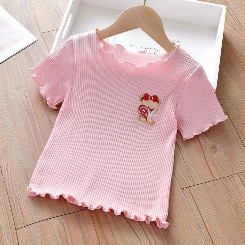 WTEMPO Kinderen T-shirt met korte mouwen, ijszijde, ruches, onderkant, shirt, baby-buitenlandse stijl, borduurwerk, top, zomerkleding voor meisjes 110 roze