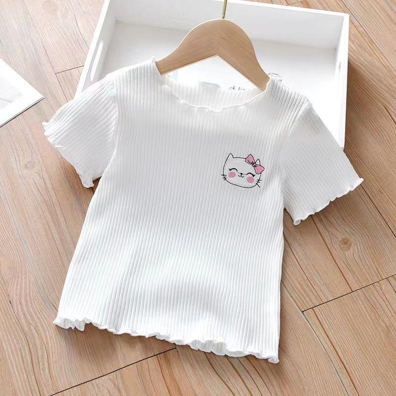WTEMPO Kinderen T-shirt met korte mouwen, ijszijde, ruches, onderkant, shirt, baby-buitenlandse stijl, borduurwerk, top, zomerkleding voor meisjes 130