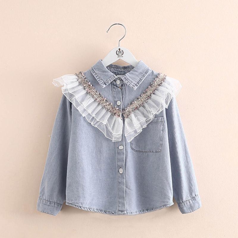 Youth Charm Denim shirts voor kinderen Babymeisjes Lente Kant shirts Modekleding Herfst Meisjes Tops Lange mouwen Kinderkleding voor 3-14Y 140