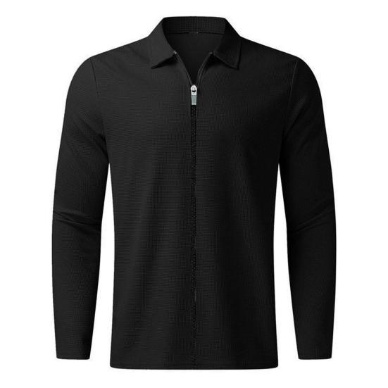 Guannuotong Heren overhemd herfst winter effen kleur lange ademende mouw revers ritssluiting buitensport T-shirt 2XL zwart