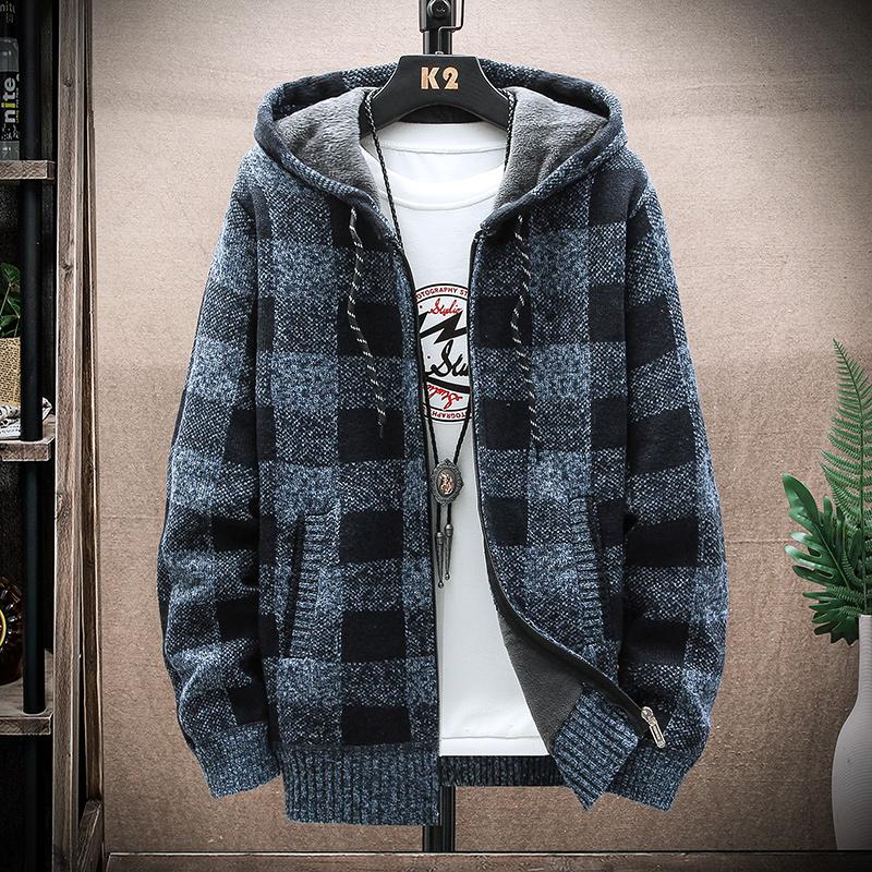 Yoxier Heren Fleece Warm Cardigan Plaid Trui Capuchon Winterkleding Harajuku Jas Volledige Rits Cardigans Jas Mode Gebreide Trui XL  65-72kg