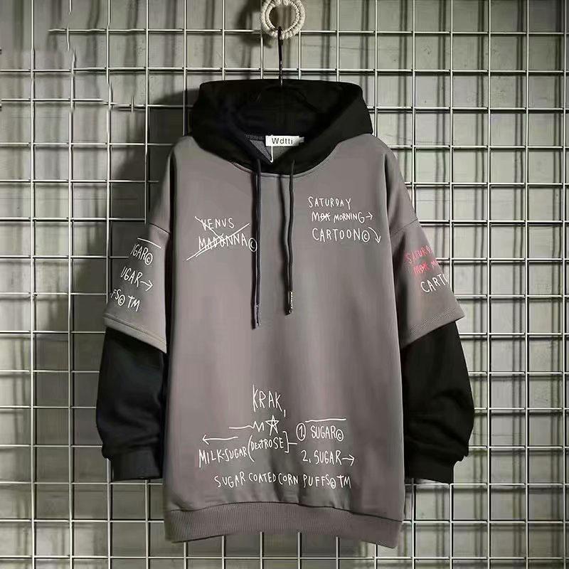 Loadingg Heren herfstmode nep tweedelige losse capuchon fleece sweatshirt L grijs