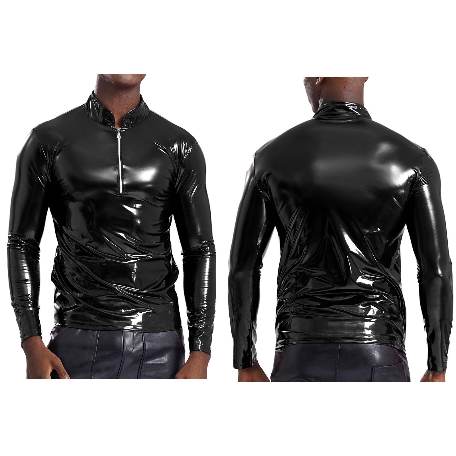 Yunduantong-Adult Heren Glanzende Leren PVC Panty Shirt Steampunk Stijl Nachtclub Disco Feest Kostuum Latex Shirt Fitness Tops Paaldans Clubwear XL zwart