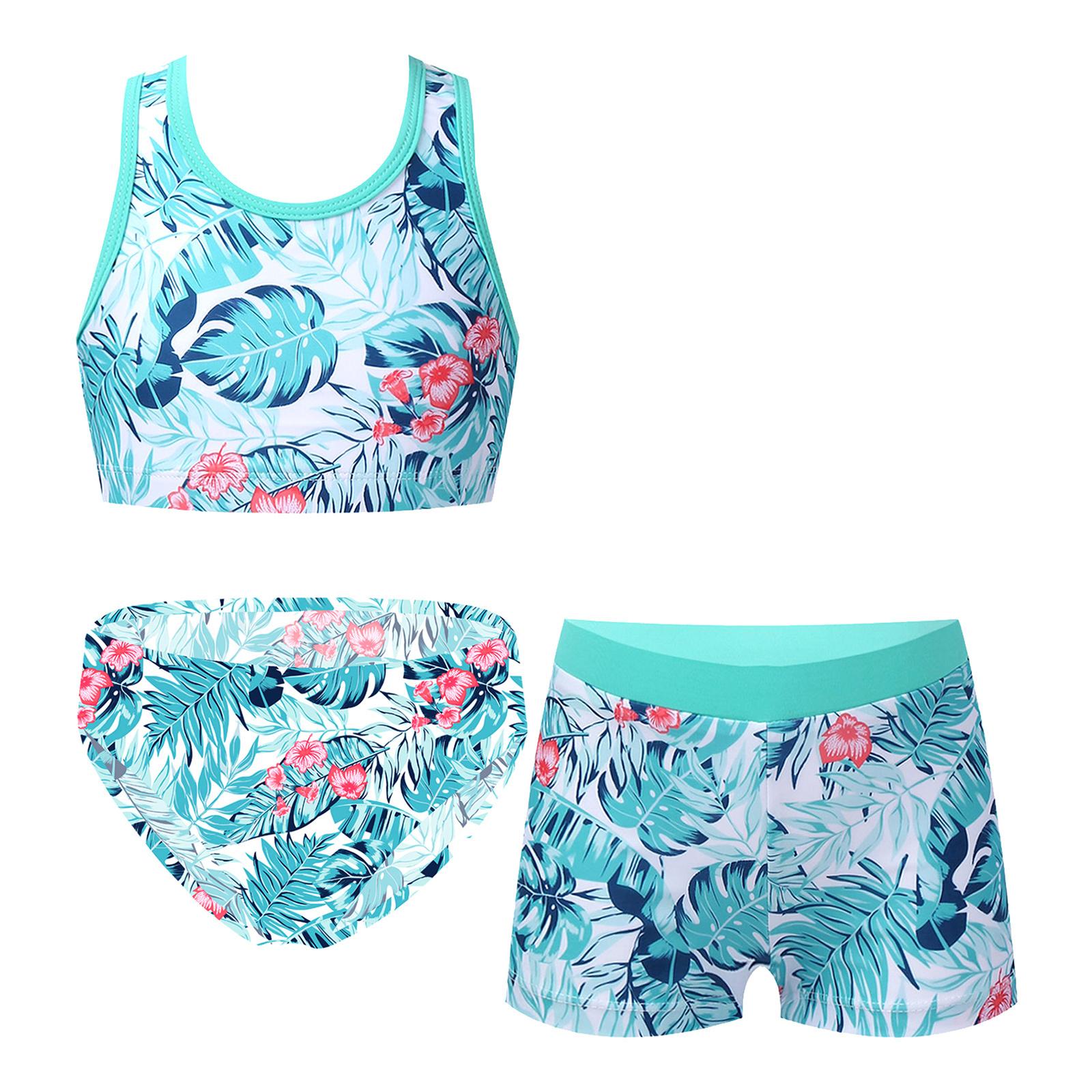 Sywiyi 3-delige badpak met bloemenprint voor meisjes, Criss Cross sportbeha, boyshorts, tankinibadpak 13-14 Years rood/groen