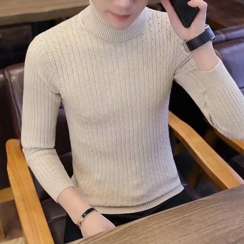 WTEMPO Nieuwe Winter Heren Casual Turtleneck Pullover Heren Lange Mouw Gestreepte Trui Koreaanse Stijl Mode Warme Gebreide Trui M kaki