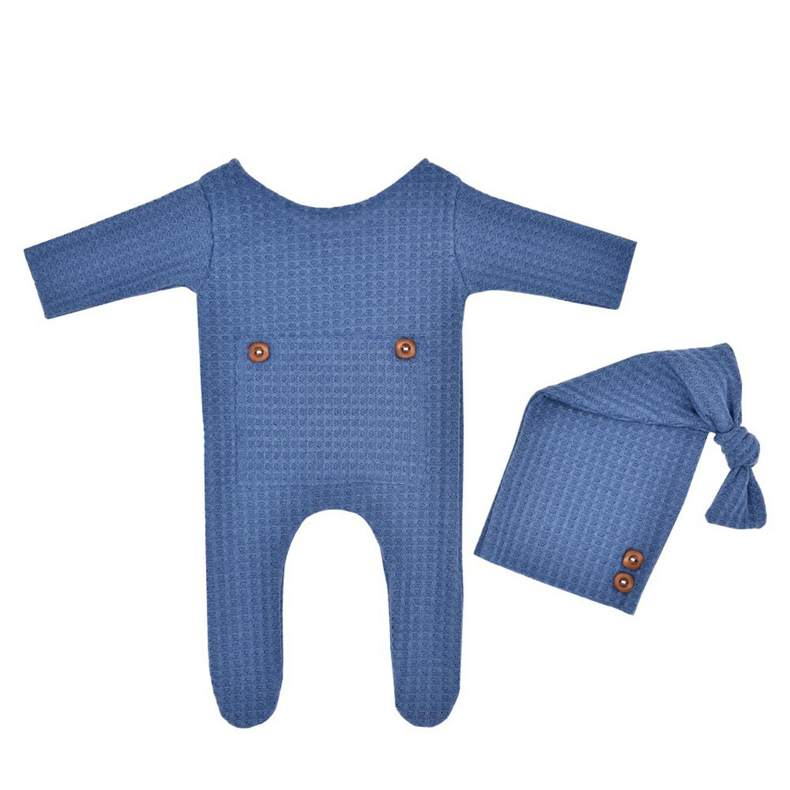 Automobiles11 Pasgeboren Baby Fotografie Prop Footed Romper Button Overalls Hoed Set donkerblauwe kleur