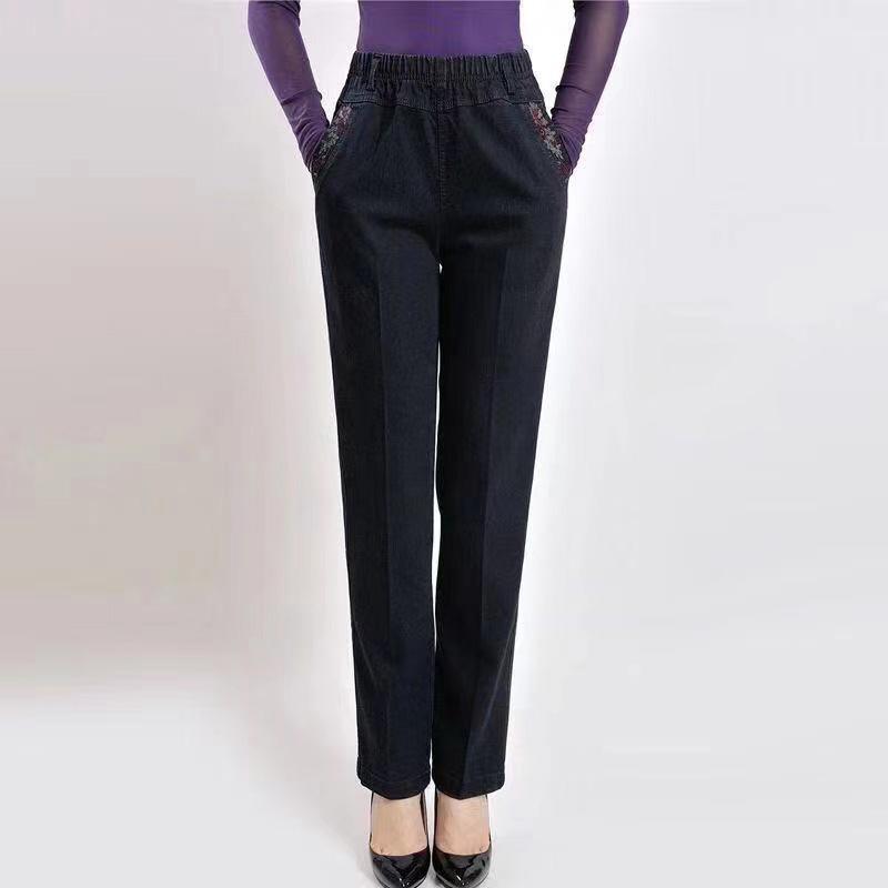 WTEMPO Bloemengeborduurde jeans Dames lente en herfst Grote maat elastische denimbroek Casual broek Hoge taille Rechte losse denimbroek XXL