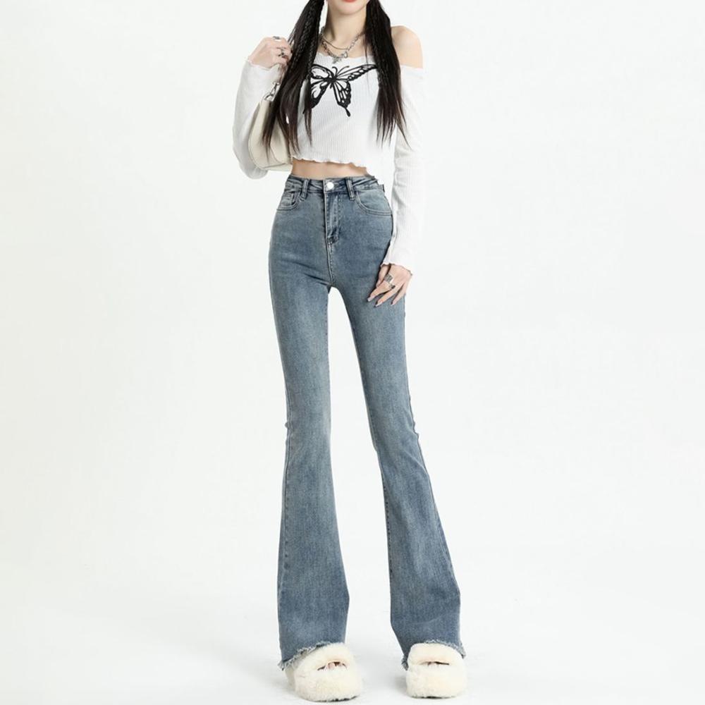 Zhanjie Ladies Clothing Grijze uitlopende jeans Dames lente herfst Slim-fit broek met hoge taille Retro Y2K Street vrouwelijke denimbroek S