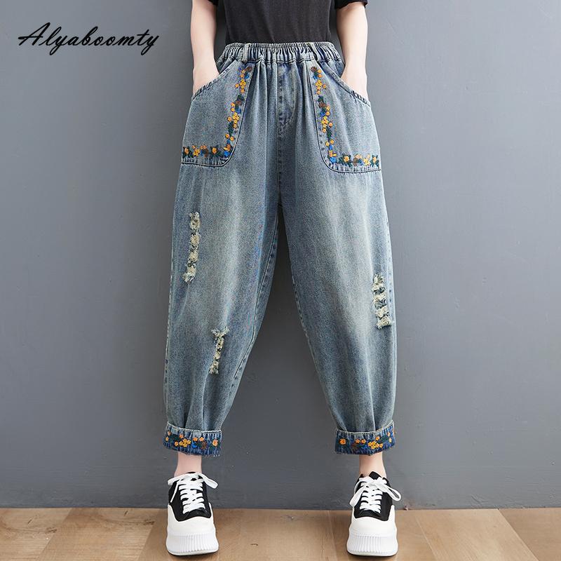 Alyaboomty Koreaanse stijl lente herfst vrouwen plus size jeans hoge taille gescheurde gaten casual losse jeans vintage bloemen borduurwerk zakken denim broeken 2XL blauw